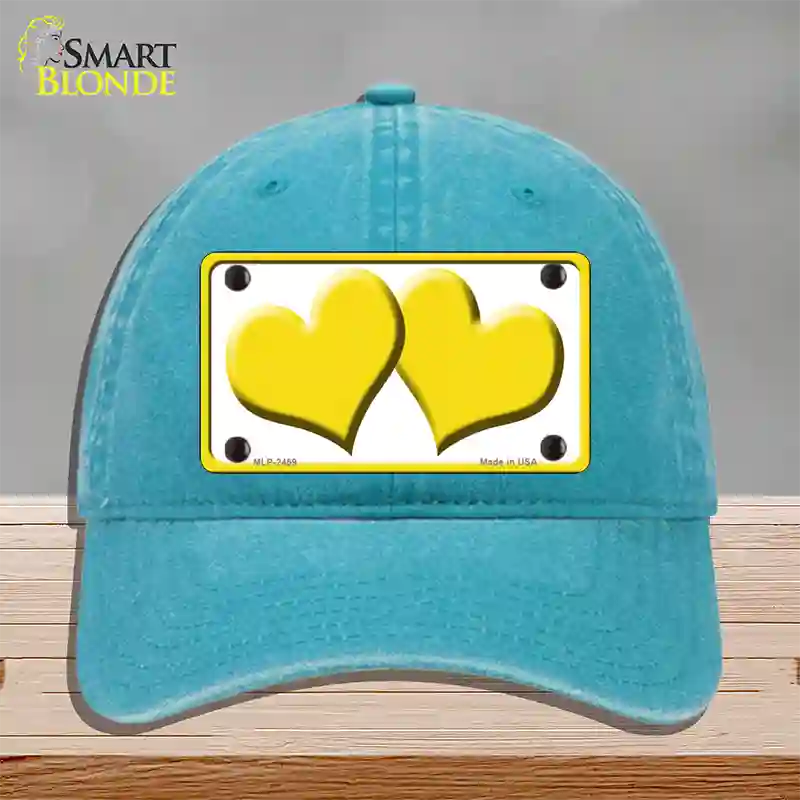 Solid Yellow Centered Hearts White Novelty License Plate Hat Unconstructed Cotton / Lake Blue