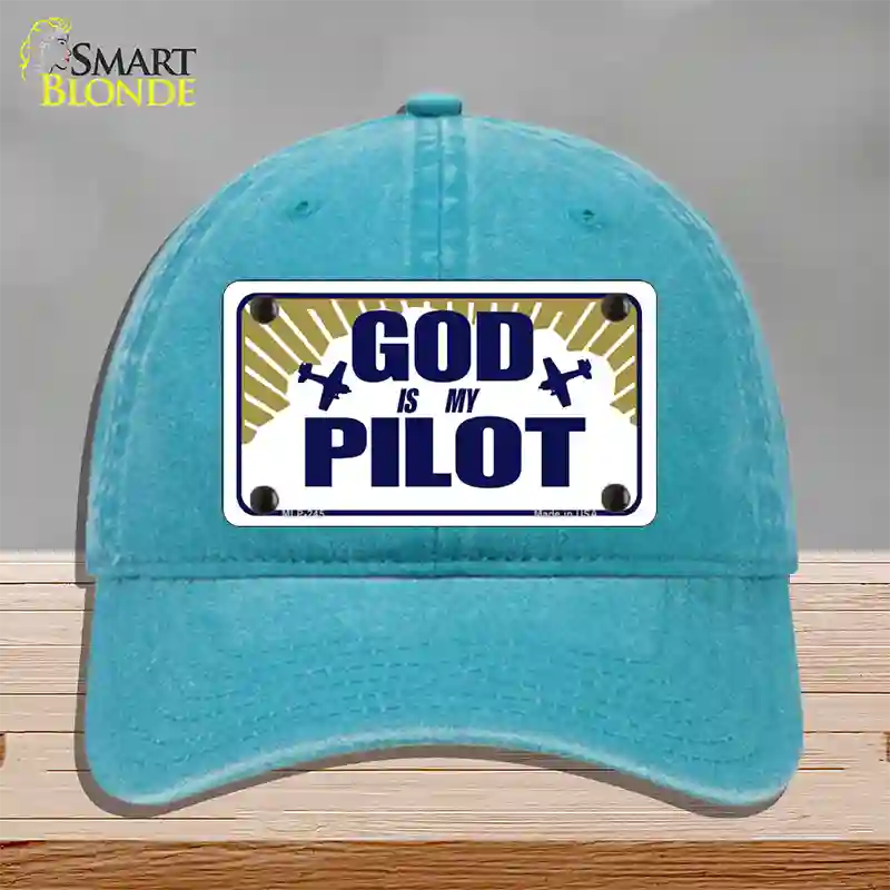 God Is My Pilot Novelty License Plate Hat Unconstructed Cotton / Lake Blue