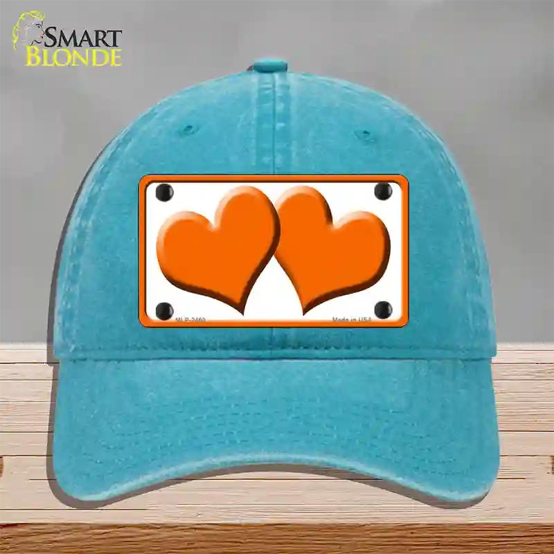 Solid Orange Centered Hearts White Novelty License Plate Hat Unconstructed Cotton / Lake Blue