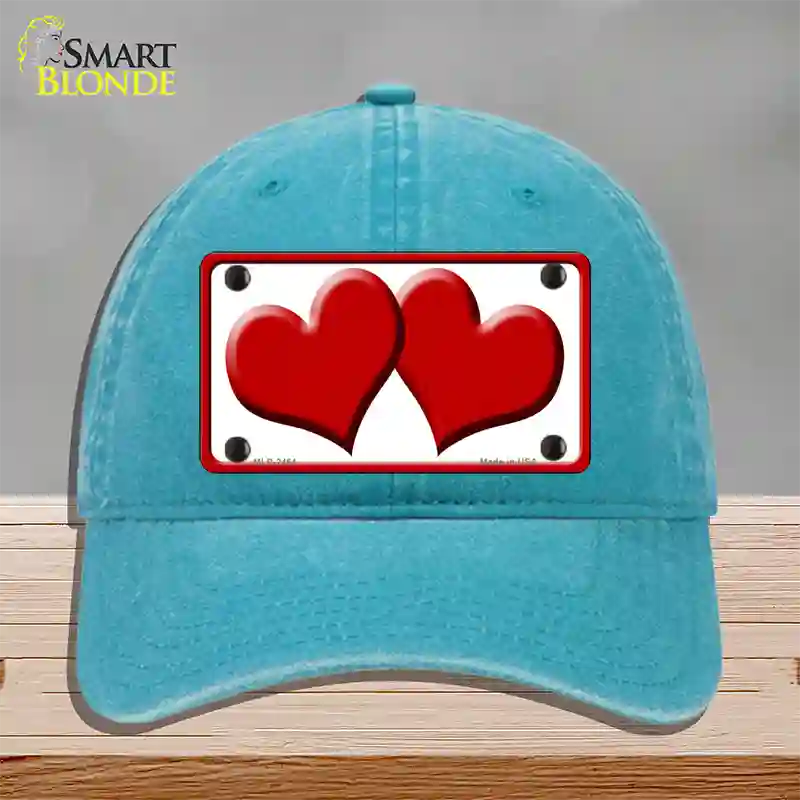 Solid Red Centered Hearts White Novelty License Plate Hat Unconstructed Cotton / Lake Blue