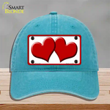 Solid Red Centered Hearts White Novelty License Plate Hat Unconstructed Cotton / Lake Blue