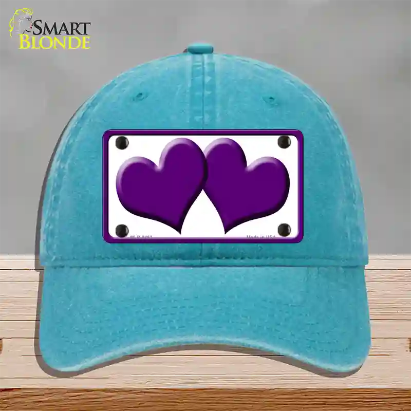 Solid Purple Centered Hearts White Novelty License Plate Hat Unconstructed Cotton / Lake Blue