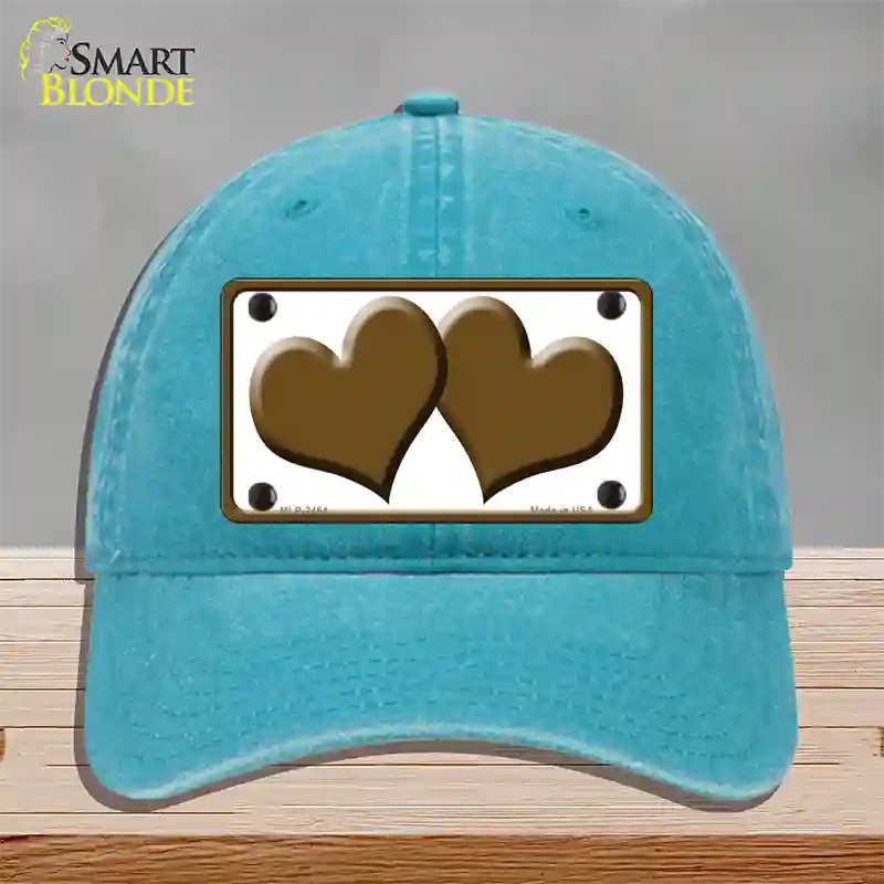 Solid Brown Centered Hearts White Novelty License Plate Hat Unconstructed Cotton / Lake Blue