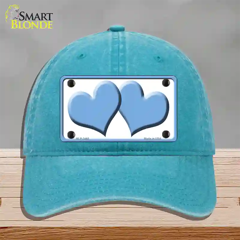 Solid Light Blue Centered Hearts White Novelty License Plate Hat Unconstructed Cotton / Lake Blue