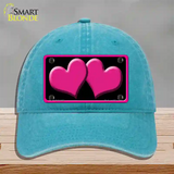 Solid Pink Centered Hearts Black Novelty License Plate Hat Unconstructed Cotton / Lake Blue