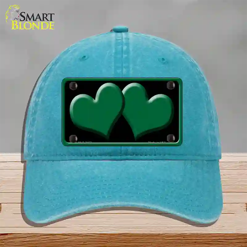 Solid Green Centered Hearts Black Novelty License Plate Hat Unconstructed Cotton / Lake Blue