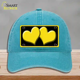 Solid Yellow Centered Hearts Black Novelty License Plate Hat Unconstructed Cotton / Lake Blue