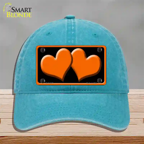 Solid Orange Centered Hearts Black Novelty License Plate Hat Unconstructed Cotton / Lake Blue