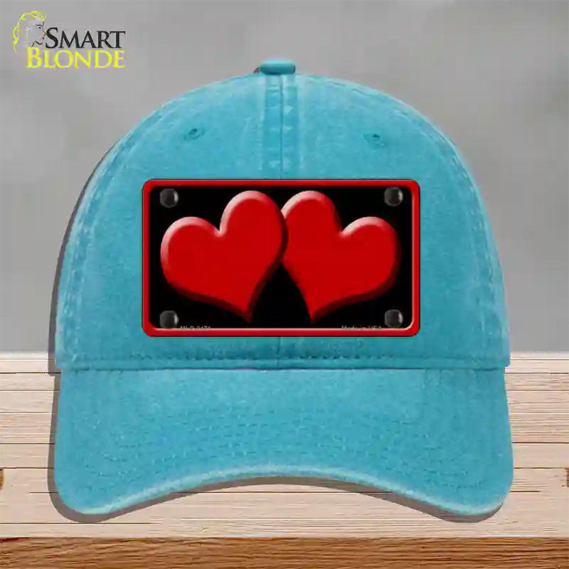 Solid Red Centered Hearts Black Novelty License Plate Hat Unconstructed Cotton / Lake Blue