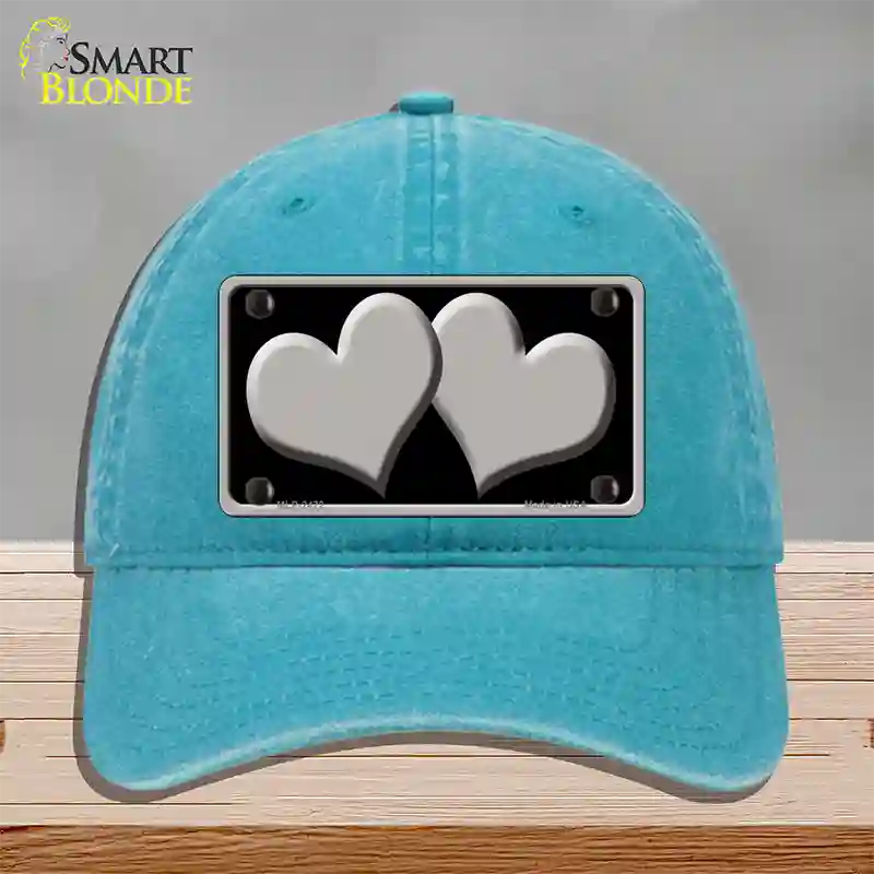 Solid Grey Centered Hearts Black Novelty License Plate Hat Unconstructed Cotton / Lake Blue