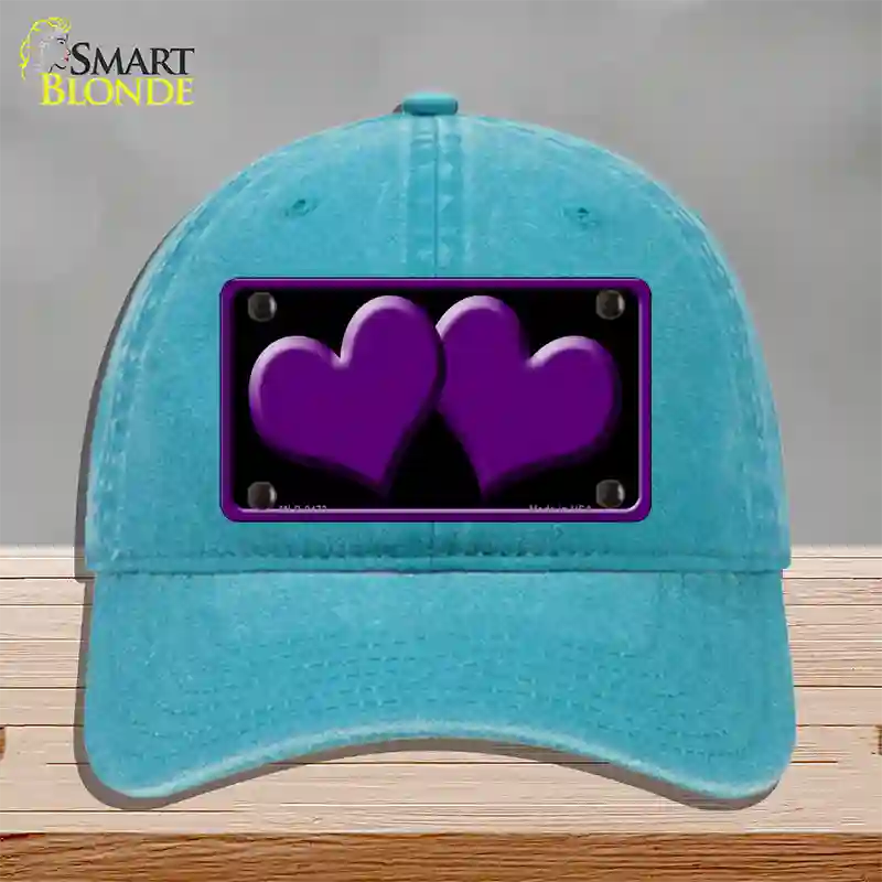 Solid Purple Centered Hearts Black Novelty License Plate Hat Unconstructed Cotton / Lake Blue