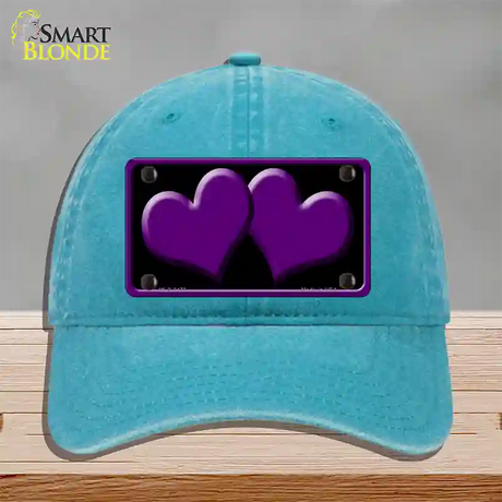 Solid Purple Centered Hearts Black Novelty License Plate Hat Unconstructed Cotton / Lake Blue