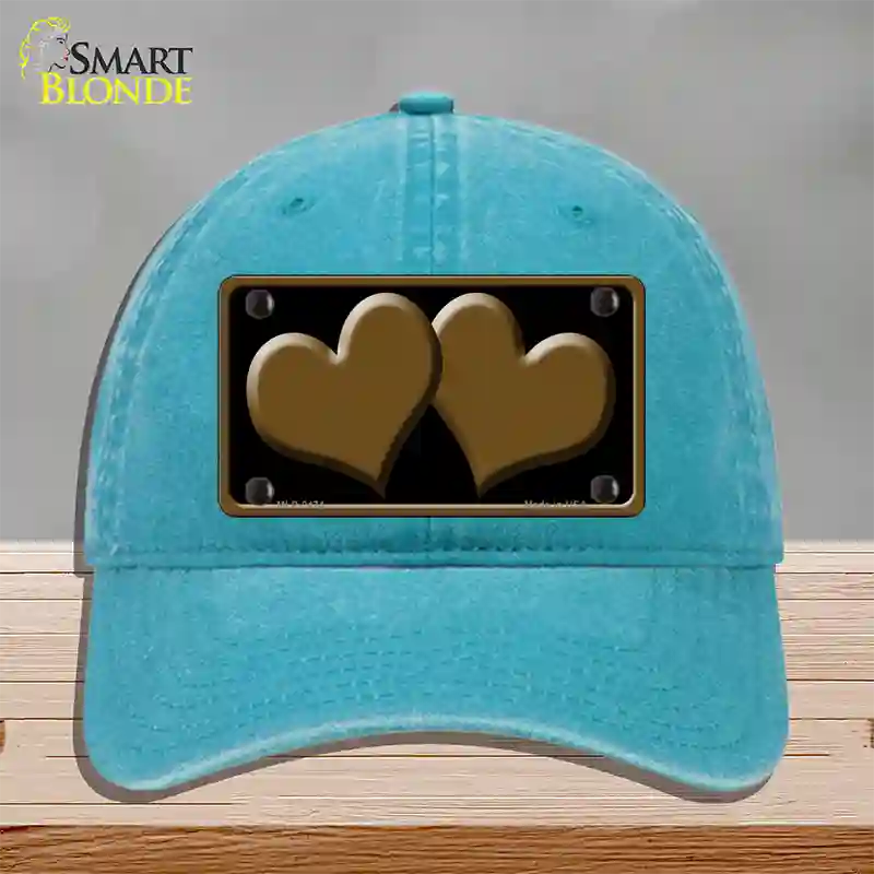 Solid Brown Centered Hearts Black Novelty License Plate Hat Unconstructed Cotton / Lake Blue