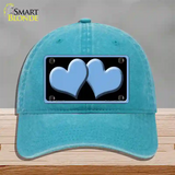 Solid Light Blue Centered Hearts Black Novelty License Plate Hat Unconstructed Cotton / Lake Blue