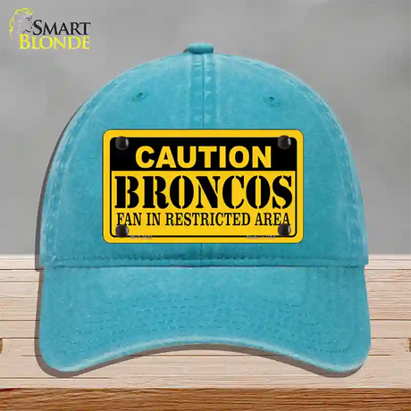 Caution Broncos Novelty License Plate Hat Unconstructed Cotton / Lake Blue