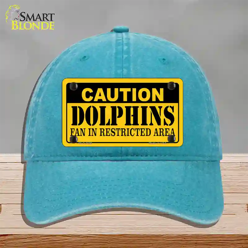 Caution Dolphins Novelty License Plate Hat Unconstructed Cotton / Lake Blue