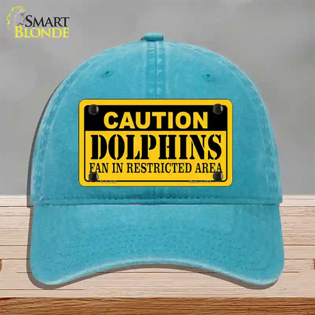 Caution Dolphins Novelty License Plate Hat Unconstructed Cotton / Lake Blue