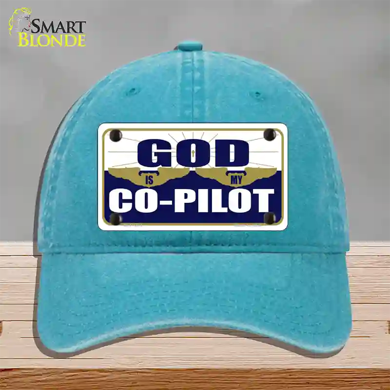 God Is My Co-Pilot Novelty License Plate Hat Unconstructed Cotton / Lake Blue