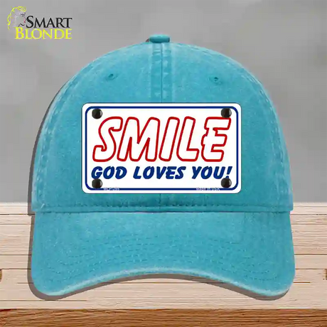 Smile God Loves You Novelty License Plate Hat Unconstructed Cotton / Lake Blue