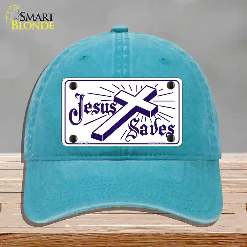 Jesus Saves Novelty License Plate Hat Unconstructed Cotton / Lake Blue