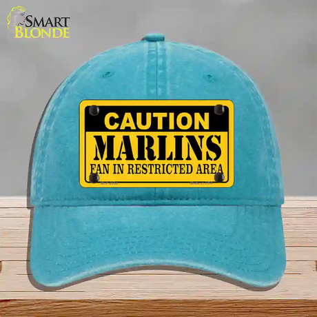 Caution Marlins Fan Novelty License Plate Hat Unconstructed Cotton / Lake Blue