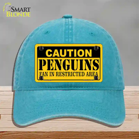 Caution Penguins Novelty License Plate Hat Unconstructed Cotton / Lake Blue