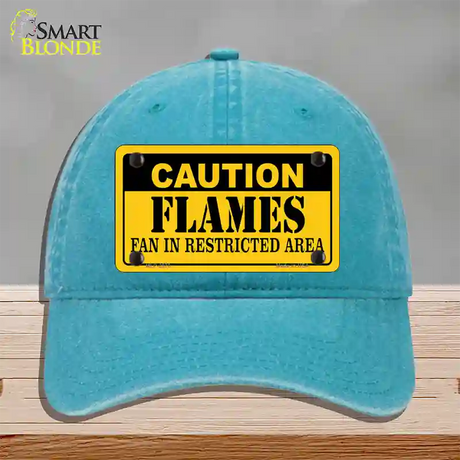 Caution Flames Novelty License Plate Hat Unconstructed Cotton / Lake Blue