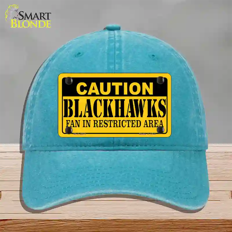 Caution Blackhawks Novelty License Plate Hat Unconstructed Cotton / Lake Blue