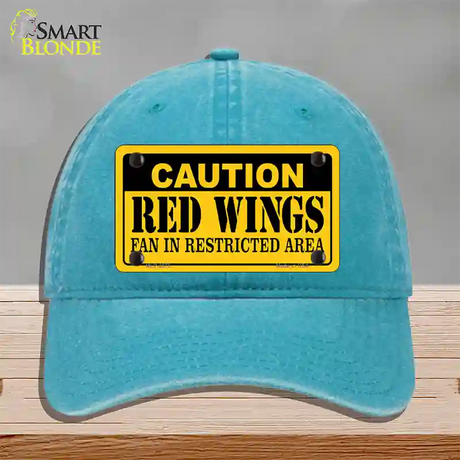 Caution Red Wings Novelty License Plate Hat Unconstructed Cotton / Lake Blue