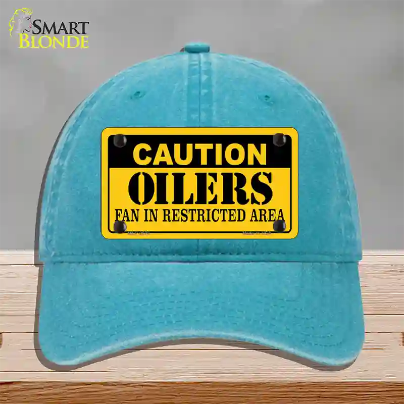 Caution Oilers Novelty License Plate Hat Unconstructed Cotton / Lake Blue