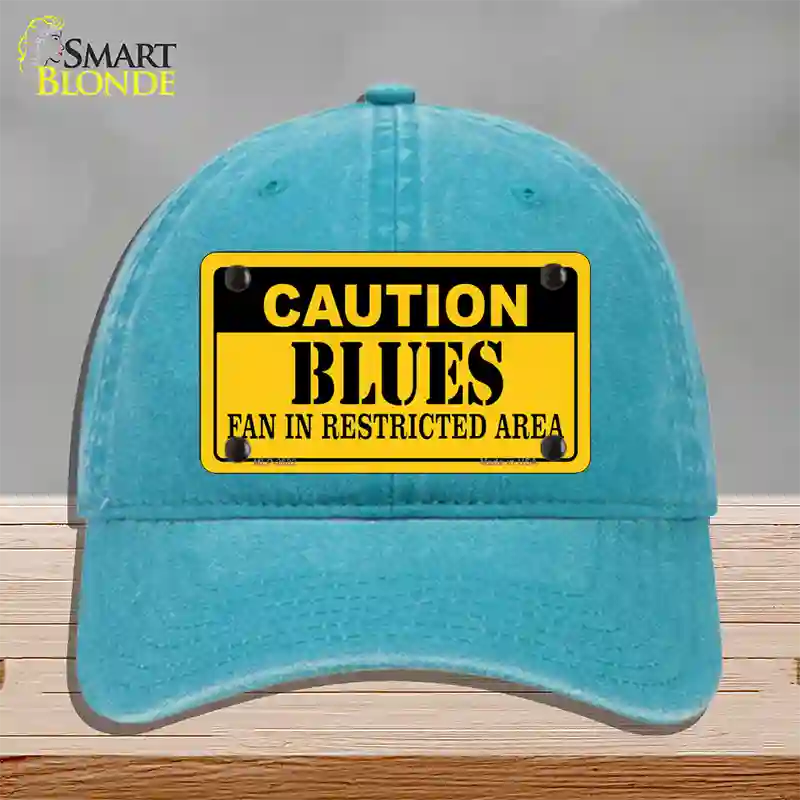 Caution Blues Novelty License Plate Hat Unconstructed Cotton / Lake Blue