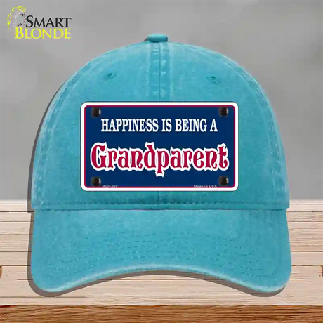 Happiness Being Grandparent Novelty License Plate Hat Unconstructed Cotton / Lake Blue