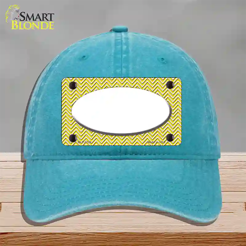 Yellow White Chevon White Center Oval Novelty License Plate Hat Unconstructed Cotton / Lake Blue