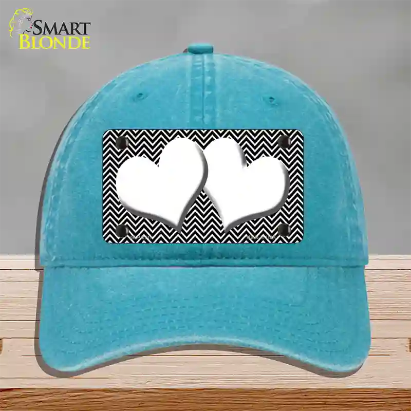 Black White Chevron White Center Hearts Novelty License Plate Hat Unconstructed Cotton / Lake Blue