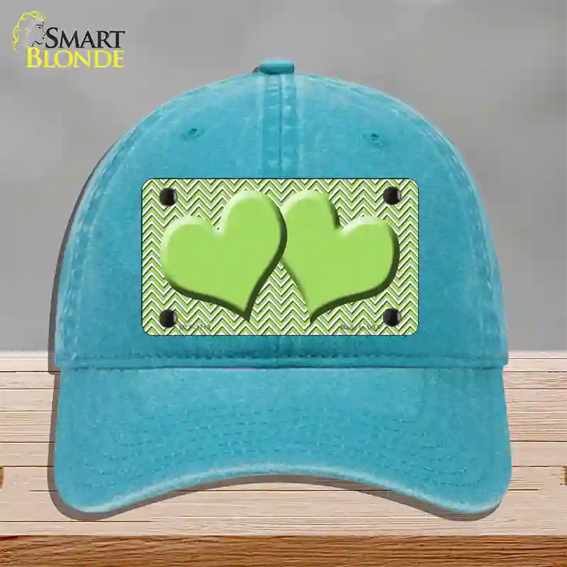 Lime Green White Chevron Lime Green Center Hearts Novelty License Plate Hat Unconstructed Cotton / Lake Blue