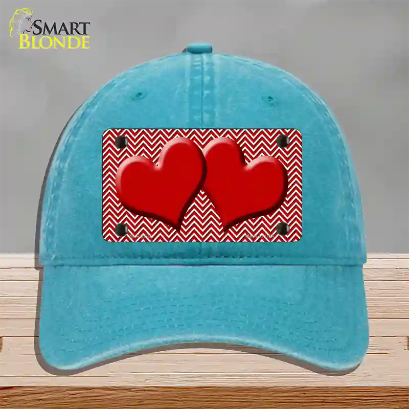 Red White Chevron Red Center Hearts Novelty License Plate Hat Unconstructed Cotton / Lake Blue