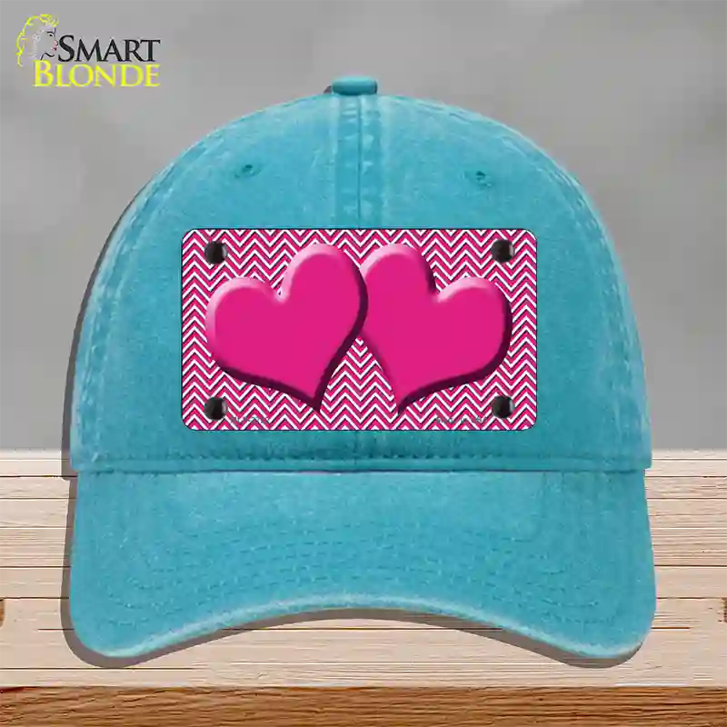 Pink White Chevron Pink Center Hearts Novelty License Plate Hat Unconstructed Cotton / Lake Blue