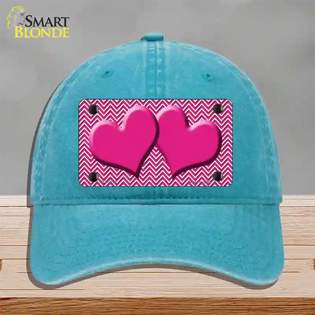 Pink White Chevron Pink Center Hearts Novelty License Plate Hat Unconstructed Cotton / Lake Blue