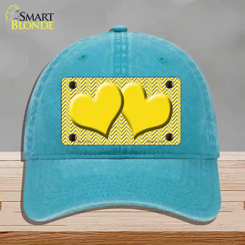 Yellow White Chevron Yellow Center Hearts Novelty License Plate Hat Unconstructed Cotton / Lake Blue