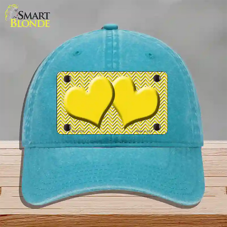 Yellow White Chevron Yellow Center Hearts Novelty License Plate Hat Unconstructed Cotton / Lake Blue