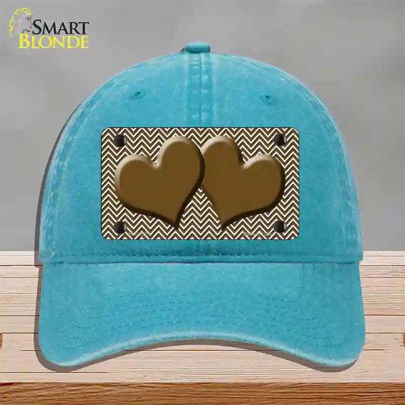 Brown White Chevron Brown Center Hearts Novelty License Plate Hat Unconstructed Cotton / Lake Blue