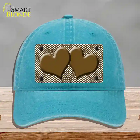 Brown White Chevron Brown Center Hearts Novelty License Plate Hat Unconstructed Cotton / Lake Blue