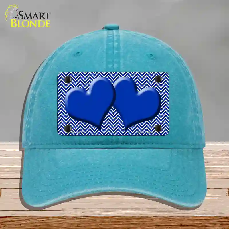 Blue White Chevron Blue Center Hearts Novelty License Plate Hat Unconstructed Cotton / Lake Blue