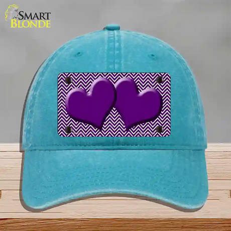 Purple White Chevron Purple Center Hearts Novelty License Plate Hat Unconstructed Cotton / Lake Blue