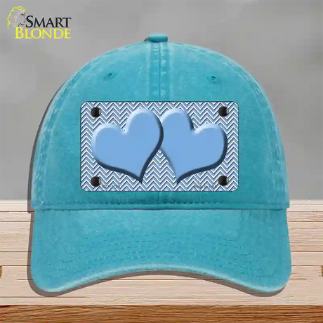 Light Blue White Chevron Light Blue Center Hearts Novelty License Plate Hat Unconstructed Cotton / Lake Blue