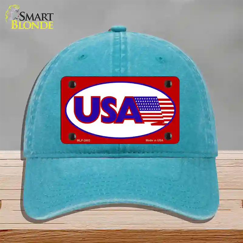 USA American Flag Vanity Novelty License Plate Hat Unconstructed Cotton / Lake Blue