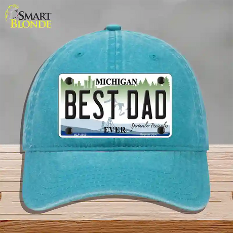 Best Dad Michigan State Novelty License Plate Hat Unconstructed Cotton / Lake Blue