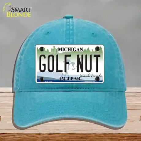 Golf Nut Michigan State Novelty License Plate Hat Unconstructed Cotton / Lake Blue