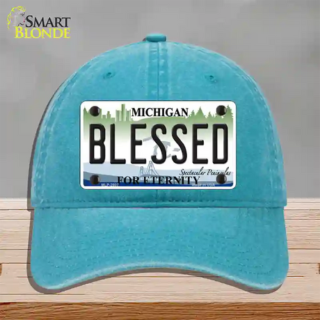 Blessed Michigan State Novelty License Plate Hat Unconstructed Cotton / Lake Blue