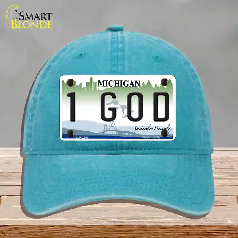 1 GOD Michigan State Novelty License Plate Hat Unconstructed Cotton / Lake Blue